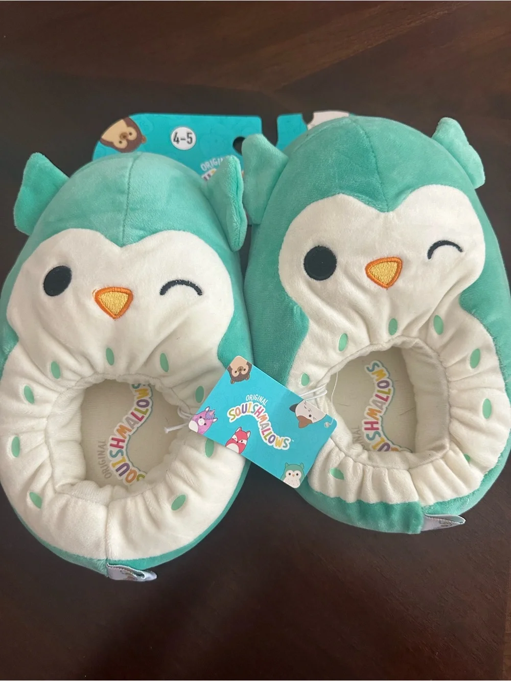 Squishmallows Teal and White Owl Plush Slippers - size 4-5